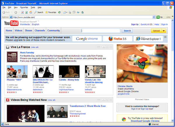 Screenshot of IE6 after Youtube withdrew support for it.