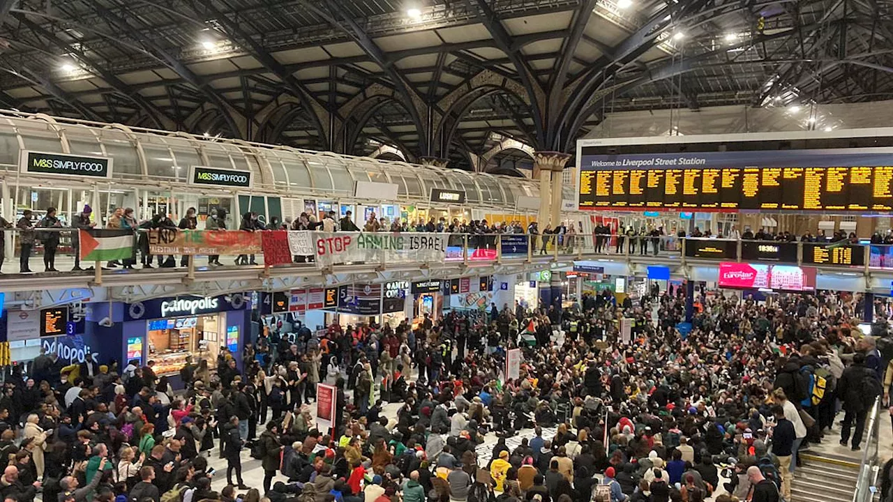 Protesters at Liverpool Street Station, London.